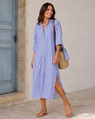 Striped Linen Midi Shirt Dress for Women Casual Summer Dress with Button-Down Front and Three-Quarter Sleeves