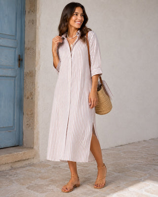 Striped Linen Midi Shirt Dress for Women Casual Summer Dress with Button-Down Front and Three-Quarter Sleeves
