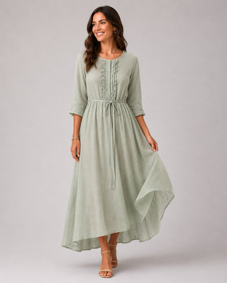Linen A-Line Midi Dress for Women with Ruched Back Casual Summer Dresses for Warm Weather