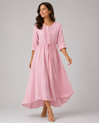 Linen A-Line Midi Dress for Women with Ruched Back Casual Summer Dresses for Warm Weather