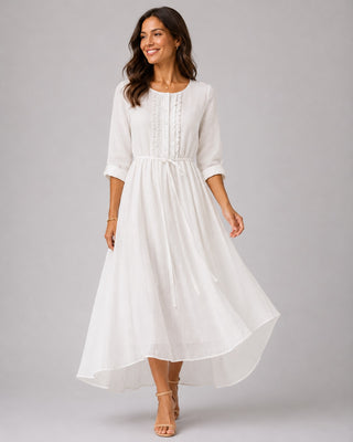 Linen A-Line Midi Dress for Women with Ruched Back Casual Summer Dresses for Warm Weather
