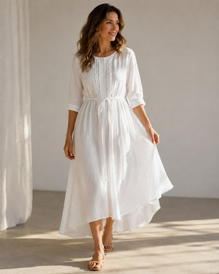 Linen A-Line Midi Dress for Women with Ruched Back Casual Summer Dresses for Warm Weather