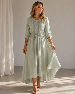 Linen A-Line Midi Dress for Women with Ruched Back Casual Summer Dresses for Warm Weather