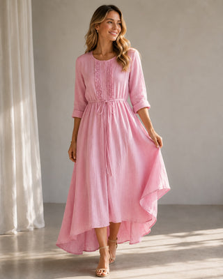Linen A-Line Midi Dress for Women with Ruched Back Casual Summer Dresses for Warm Weather