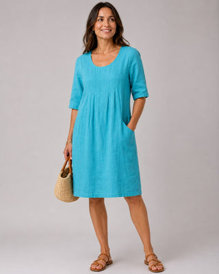 Casual Midi Dress with Pleated Bust Detail and Side Pockets for Women with Short Sleeves in Linen