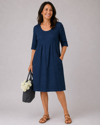Casual Midi Dress with Pleated Bust Detail and Side Pockets for Women with Short Sleeves in Linen
