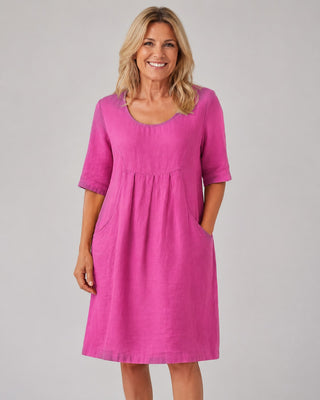 Casual Midi Dress with Pleated Bust Detail and Side Pockets for Women with Short Sleeves in Linen