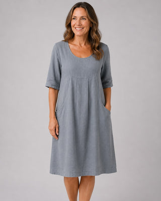 Casual Midi Dress with Pleated Bust Detail and Side Pockets for Women with Short Sleeves in Linen