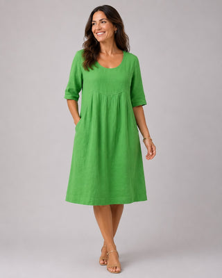Casual Midi Dress with Pleated Bust Detail and Side Pockets for Women with Short Sleeves in Linen