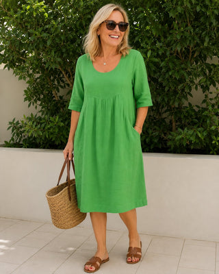 Casual Midi Dress with Pleated Bust Detail and Side Pockets for Women with Short Sleeves in Linen