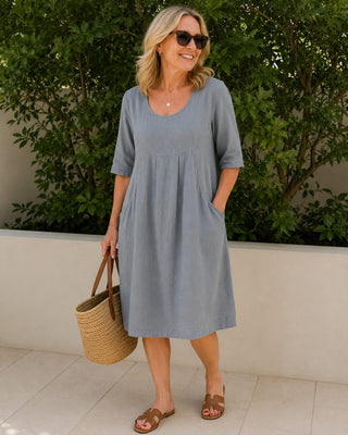 Casual Midi Dress with Pleated Bust Detail and Side Pockets for Women with Short Sleeves in Linen