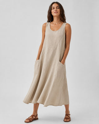 Casual Linen Midi Dress for Women with Scoop Neckline and Front Pockets in Sleeveless Design
