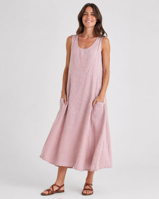 Casual Linen Midi Dress for Women with Scoop Neckline and Front Pockets in Sleeveless Design