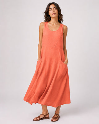 Casual Linen Midi Dress for Women with Scoop Neckline and Front Pockets in Sleeveless Design