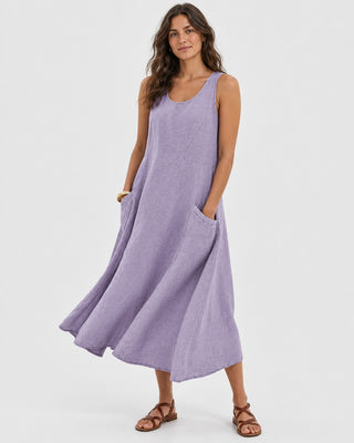 Casual Linen Midi Dress for Women with Scoop Neckline and Front Pockets in Sleeveless Design