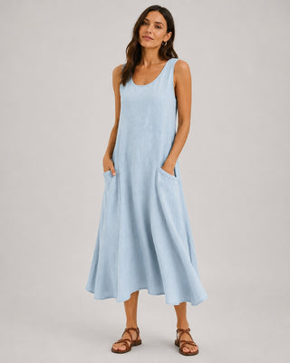 Casual Linen Midi Dress for Women with Scoop Neckline and Front Pockets in Sleeveless Design