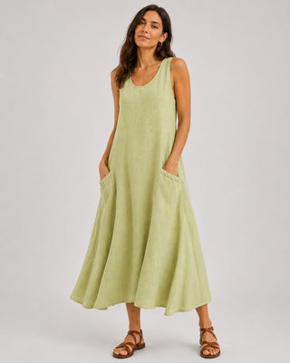 Casual Linen Midi Dress for Women with Scoop Neckline and Front Pockets in Sleeveless Design