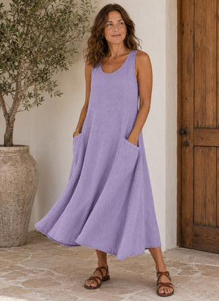 Casual Linen Midi Dress for Women with Scoop Neckline and Front Pockets in Sleeveless Design