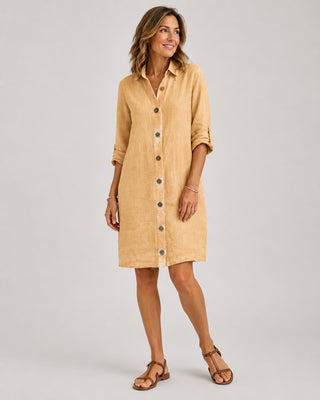 Casual Linen Women's Dress Knee-Length Button Front Three-Quarter Sleeves Lightweight Summer Dresses