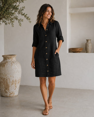 Casual Linen Women's Dress Knee-Length Button Front Three-Quarter Sleeves Lightweight Summer Dresses