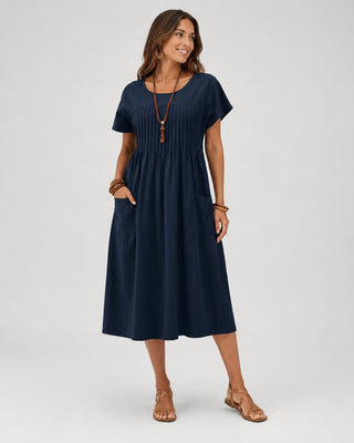 Casual Midi Dress with Short Sleeves Linen Fabric Pintuck Detailing and Front Pockets for Women