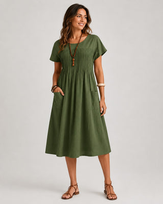 Casual Midi Dress with Short Sleeves Linen Fabric Pintuck Detailing and Front Pockets for Women