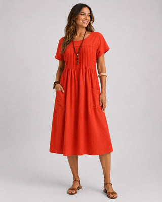 Casual Midi Dress with Short Sleeves Linen Fabric Pintuck Detailing and Front Pockets for Women