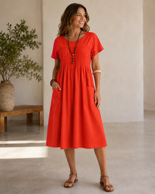 Casual Midi Dress with Short Sleeves Linen Fabric Pintuck Detailing and Front Pockets for Women