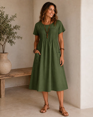 Casual Midi Dress with Short Sleeves Linen Fabric Pintuck Detailing and Front Pockets for Women