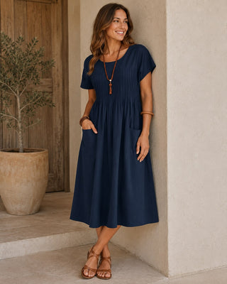 Casual Midi Dress with Short Sleeves Linen Fabric Pintuck Detailing and Front Pockets for Women