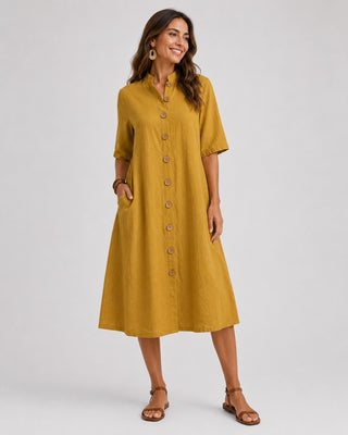 Linen Midi Shirt Dress with Button Front and Short Sleeves for Women's Casual Summer Wear