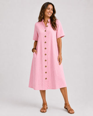 Linen Midi Shirt Dress with Button Front and Short Sleeves for Women's Casual Summer Wear
