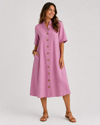 Linen Midi Shirt Dress with Button Front and Short Sleeves for Women's Casual Summer Wear