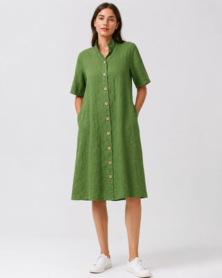 Linen Midi Shirt Dress with Button Front and Short Sleeves for Women's Casual Summer Wear