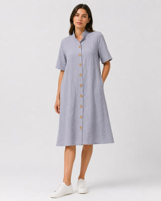 Linen Midi Shirt Dress with Button Front and Short Sleeves for Women's Casual Summer Wear