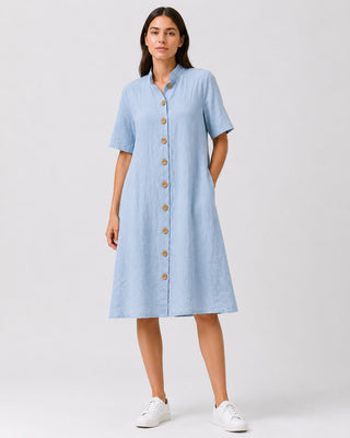 Linen Midi Shirt Dress with Button Front and Short Sleeves for Women's Casual Summer Wear