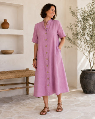 Linen Midi Shirt Dress with Button Front and Short Sleeves for Women's Casual Summer Wear