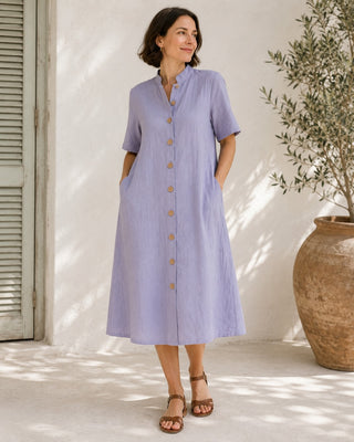 Linen Midi Shirt Dress with Button Front and Short Sleeves for Women's Casual Summer Wear