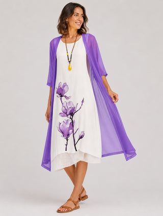 Floral Print Midi Dress Set with Loose Chiffon Cardigan for Women Casual Summer Dresses
