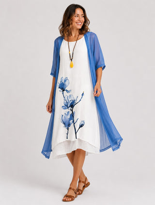 Floral Print Midi Dress Set with Loose Chiffon Cardigan for Women Casual Summer Dresses