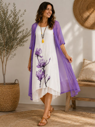Floral Print Midi Dress Set with Loose Chiffon Cardigan for Women Casual Summer Dresses