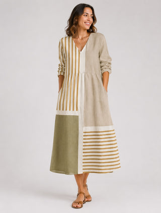 Striped Midi Dress for Women V-Neck Long Sleeve in Lightweight Linen for Summer Casual Wear