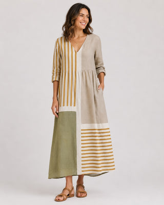 Striped Midi Dress for Women V-Neck Long Sleeve in Lightweight Linen for Summer Casual Wear