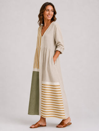 Striped Midi Dress for Women V-Neck Long Sleeve in Lightweight Linen for Summer Casual Wear