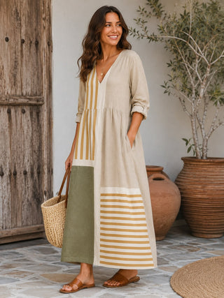 Striped Midi Dress for Women V-Neck Long Sleeve in Lightweight Linen for Summer Casual Wear