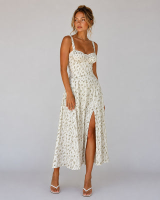 Floral Midi Dress for Women with Sweetheart Neckline Fitted Bodice Lightweight Fabric Side Slit