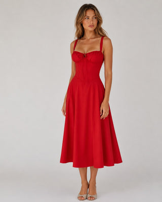 Floral Midi Dress for Women with Sweetheart Neckline Fitted Bodice Lightweight Fabric Side Slit