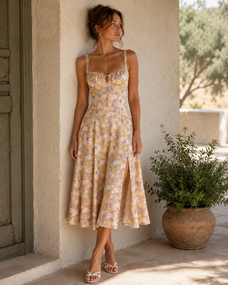 Floral Midi Dress for Women with Sweetheart Neckline Fitted Bodice Lightweight Fabric Side Slit