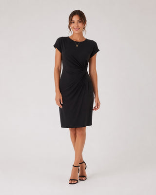 Classic Midi Dress for Women with Ruched Sides Short Sleeves and Rounded Neckline