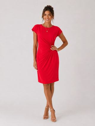 Classic Midi Dress for Women with Ruched Sides Short Sleeves and Rounded Neckline